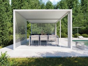 Pergola module 2 floor fixed canvas ceiling and fixed slats and curtains 1